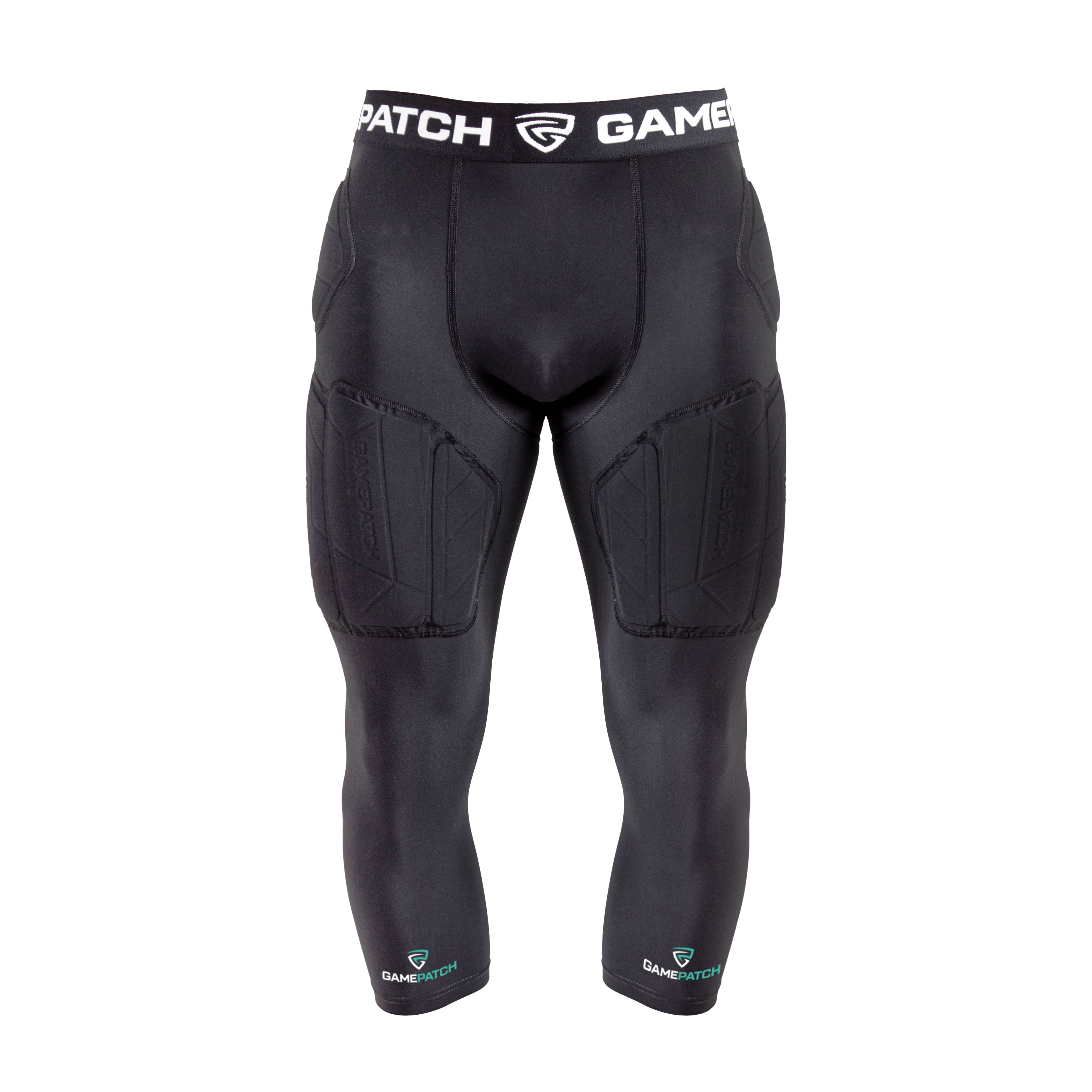 Black protective athletic pants with padding on a white background