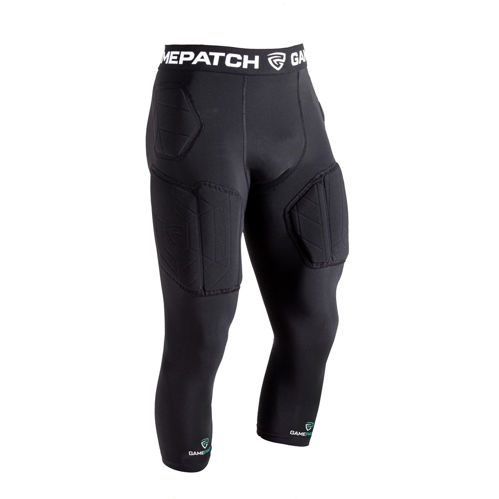 Black protective pants with Gamepatch branding on a white background