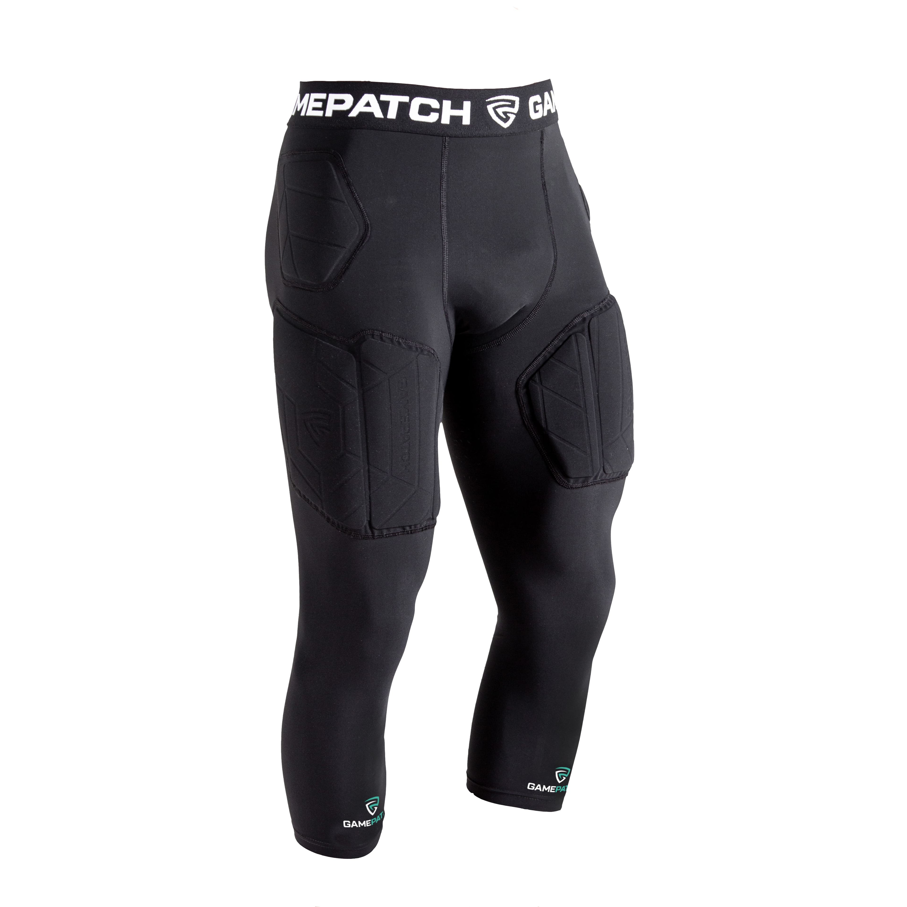 Black protective pants with Gamepatch branding on a white background