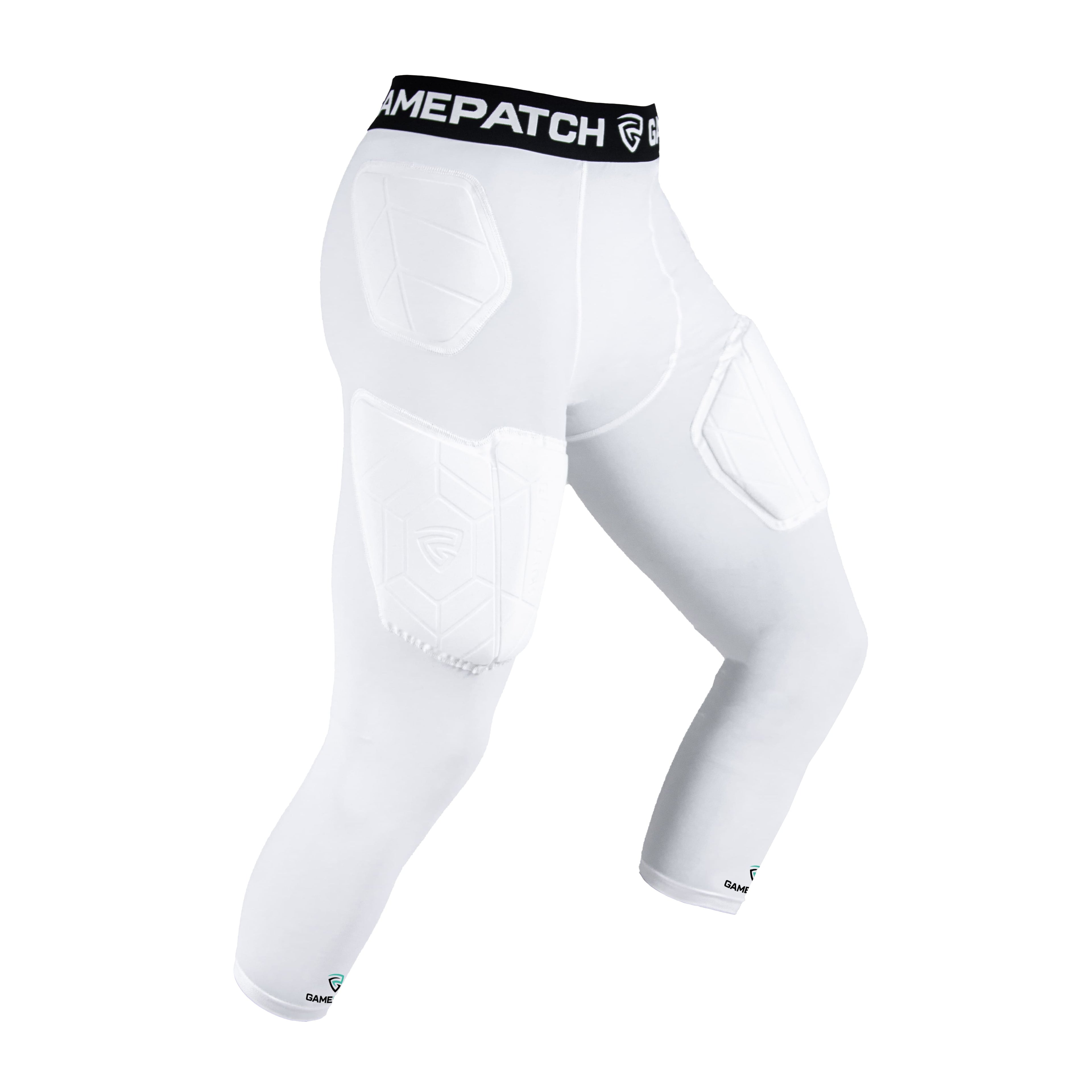 White compression pants with a black waistband featuring 'Gamepatch' branding on a white background.