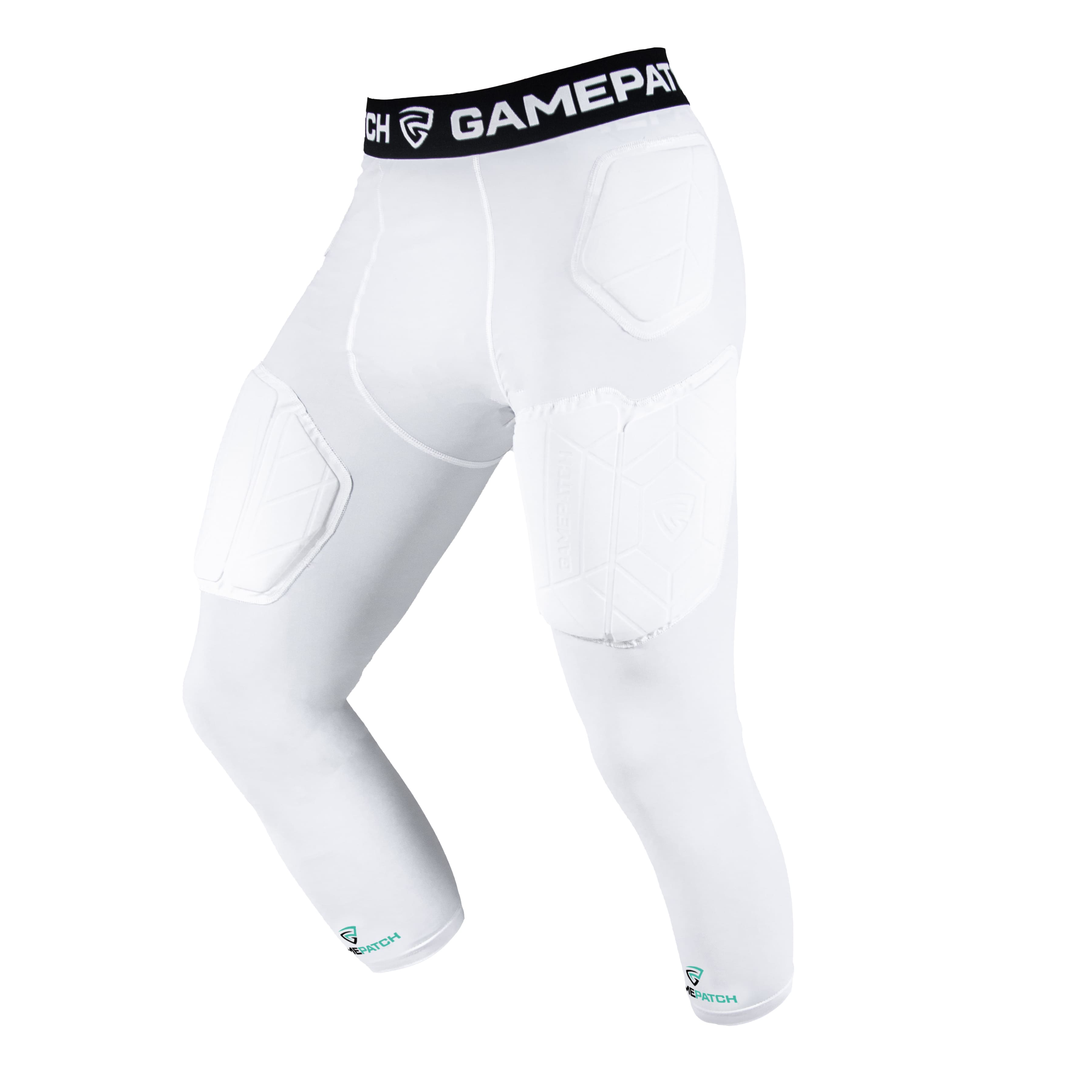 White compression pants with a black waistband featuring 'GamePatch' branding on a white background.