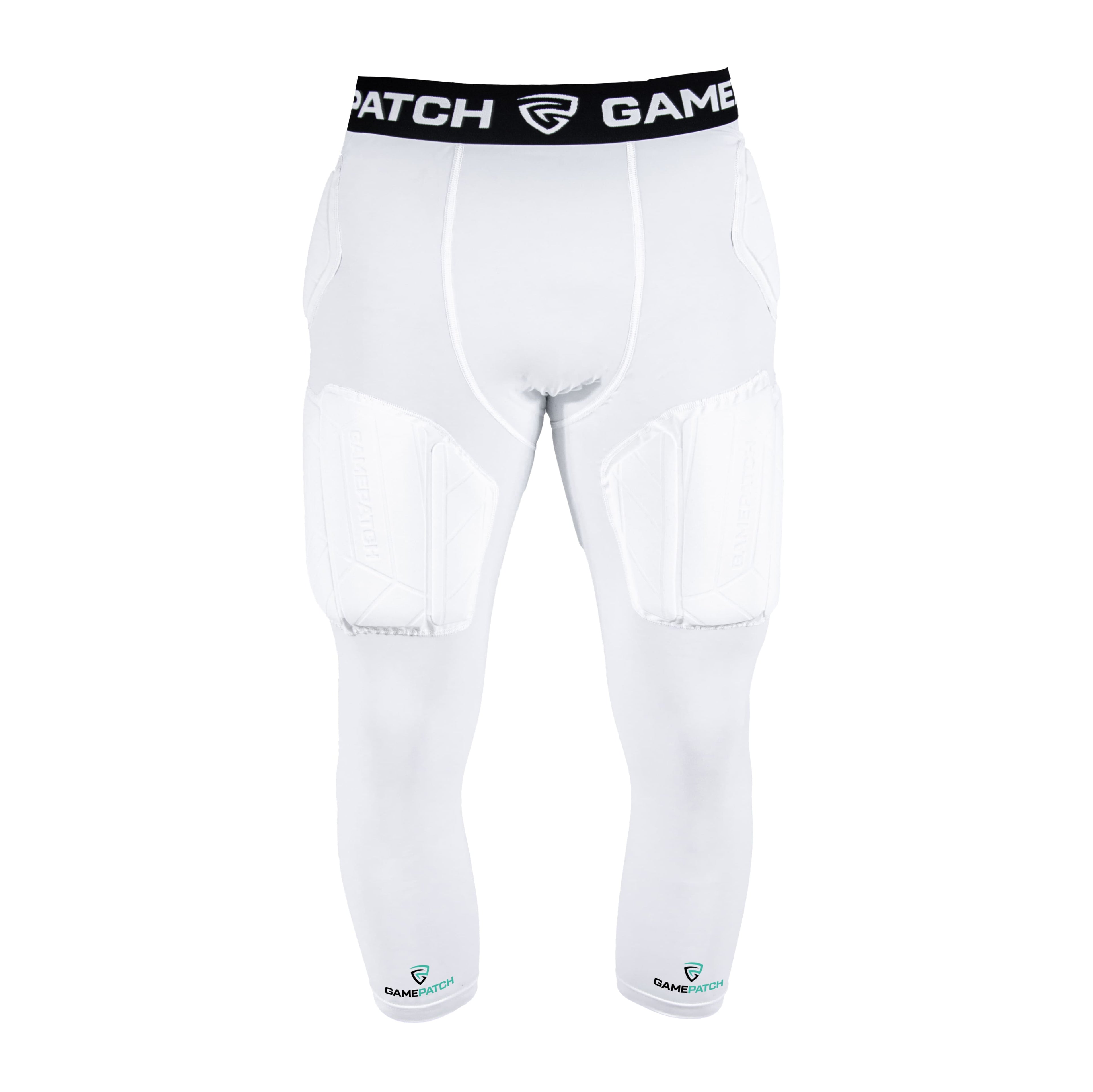 White compression pants with black waistband on a white background