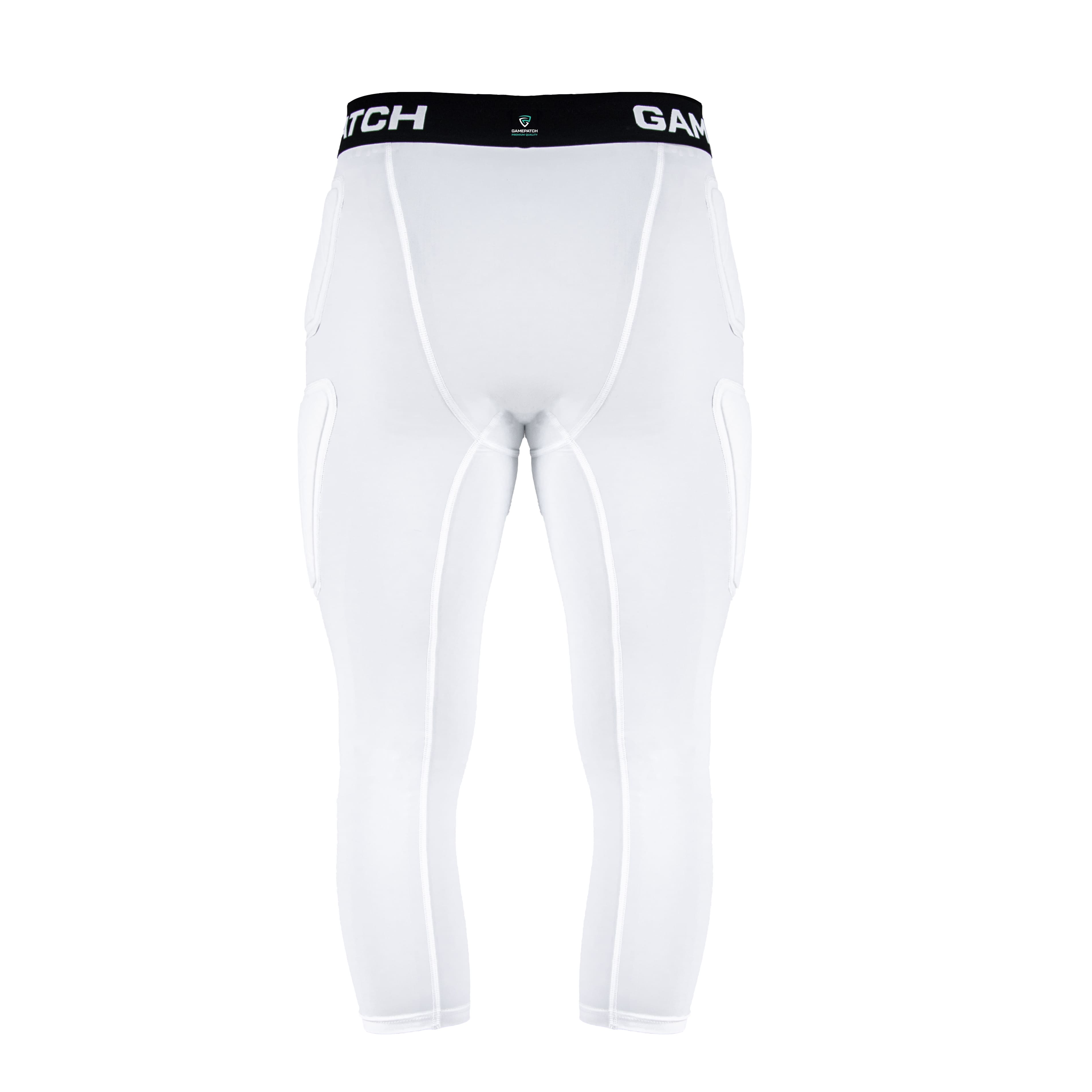 White compression pants with a black waistband on a white background