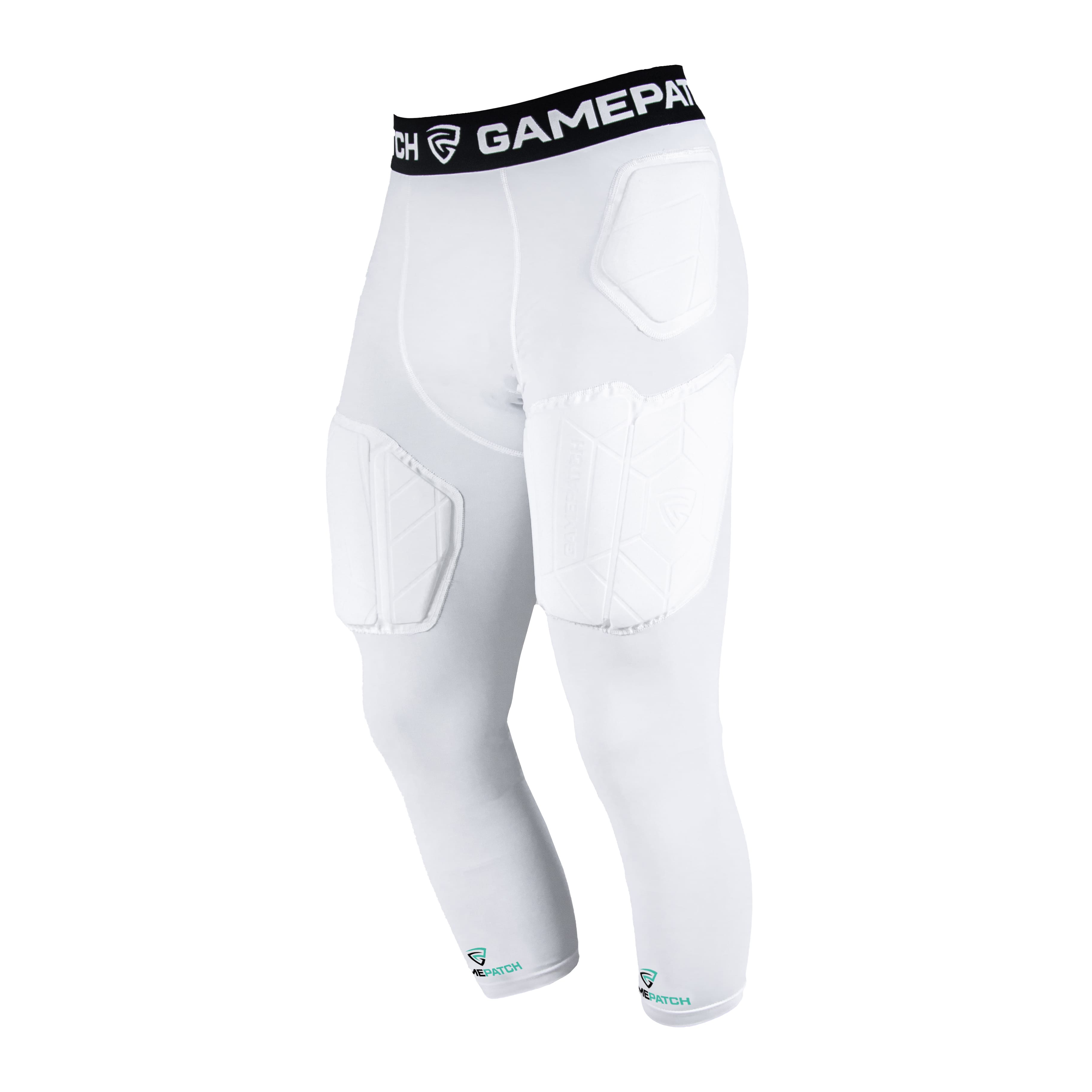 White athletic pants with a black waistband featuring 'Gamepatch' branding on a white background.