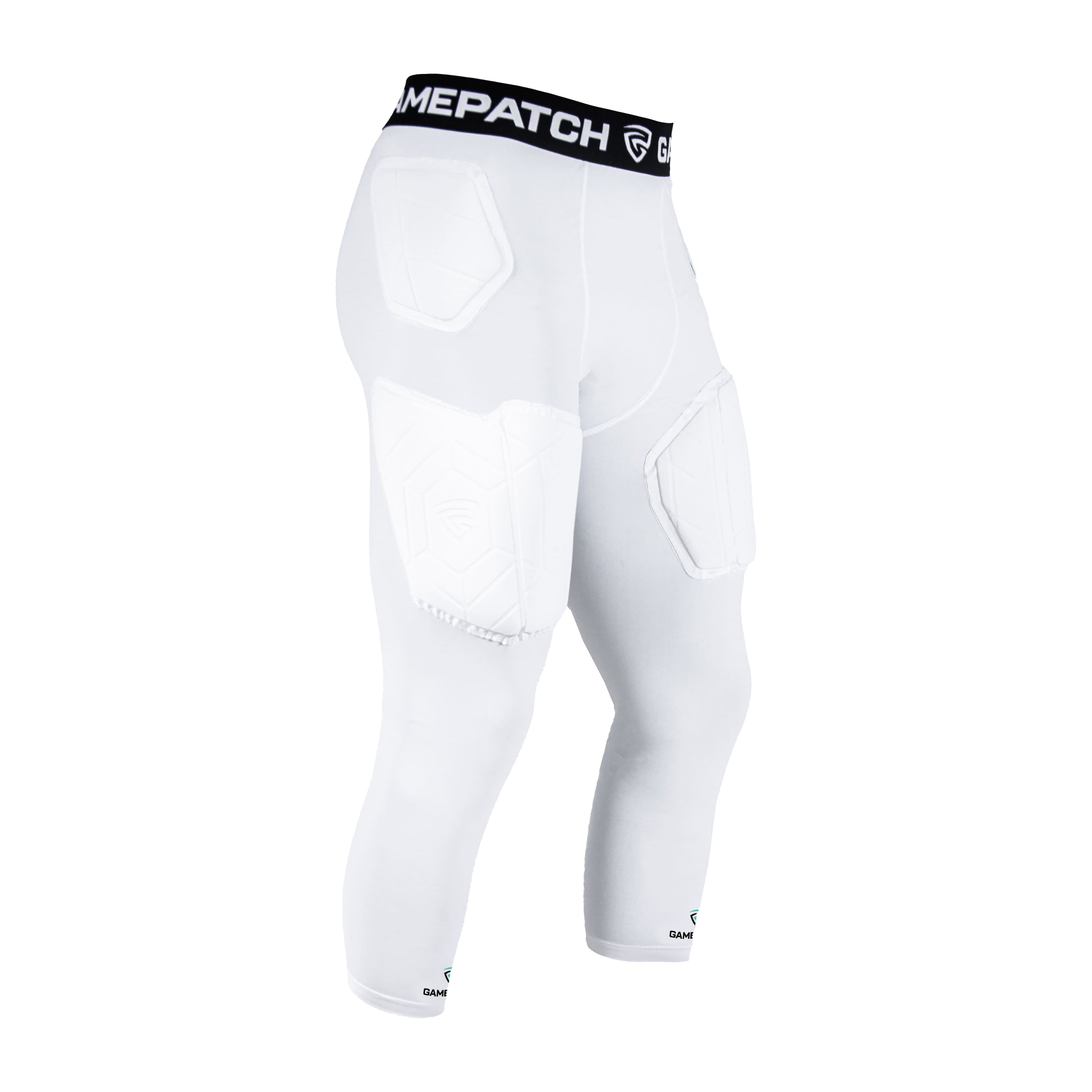 White athletic pants with a black waistband featuring 'Gamepatch' branding on a white background.
