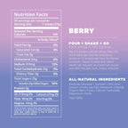 Nutrition facts label for a berry-flavored product on a purple background