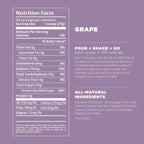 Nutrition facts label for a grape-flavored product on a purple background