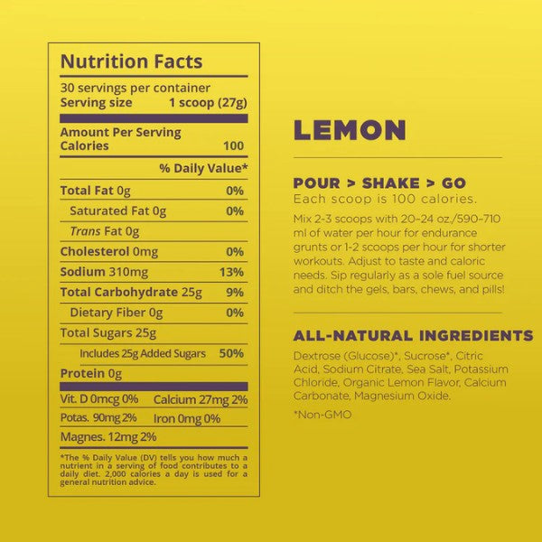 Nutrition facts label for a lemon-flavored product on a yellow background