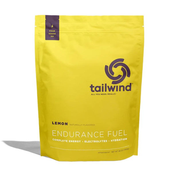 Yellow package of Tailwind Endurance Fuel with lemon flavor on a white background