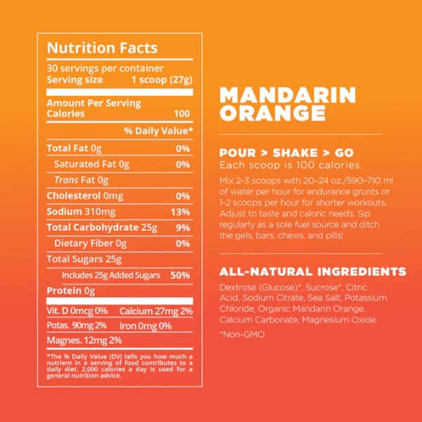 Nutrition facts label for Mandarin Orange flavor on an orange background