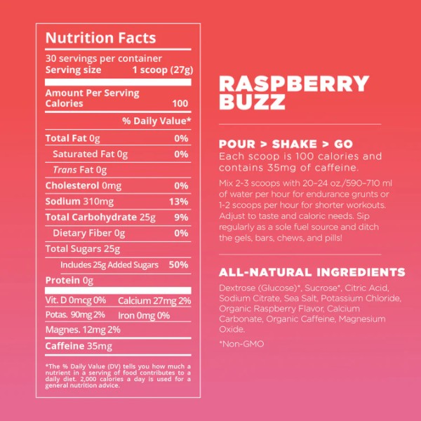 Nutrition facts label for a product called 'Raspberry Buzz' on a red background.