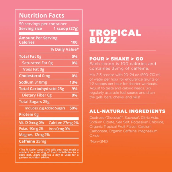 Nutrition facts label for a product called 'Tropical Buzz' on a pink and orange gradient background.