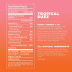 Nutrition facts label for a product called 'Tropical Buzz' on a pink and orange gradient background.