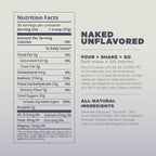 Nutrition facts label for Naked Unflavored protein powder on a gray background