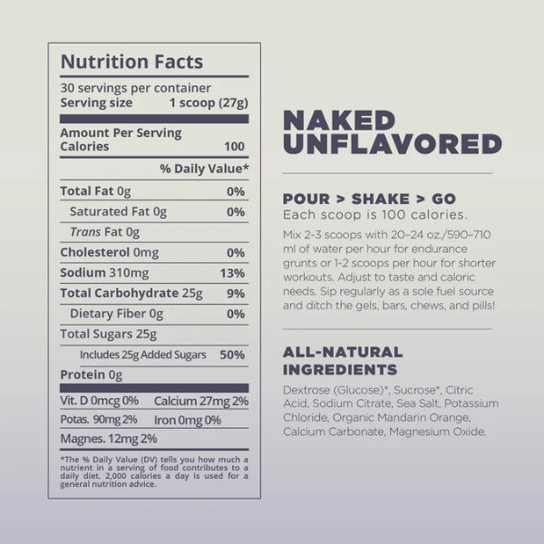 Nutrition facts label for Naked Unflavored protein powder on a gray background