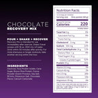 Nutrition label for a chocolate recovery mix on a purple background