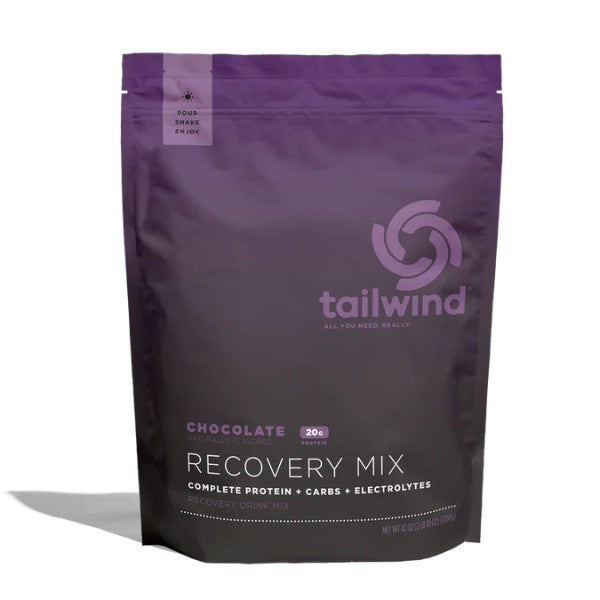 Purple package of Tailwind Chocolate Recovery Mix on a white background