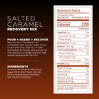 Nutrition label for a salted caramel recovery mix on a dark background