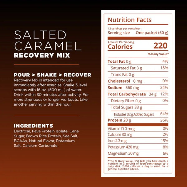 Nutrition label for a salted caramel recovery mix on a dark background