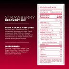 Nutrition label for Strawberry Recovery Mix on a red background
