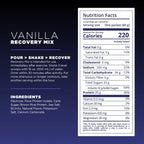 Nutrition label for Vanilla Recovery Mix on a dark background