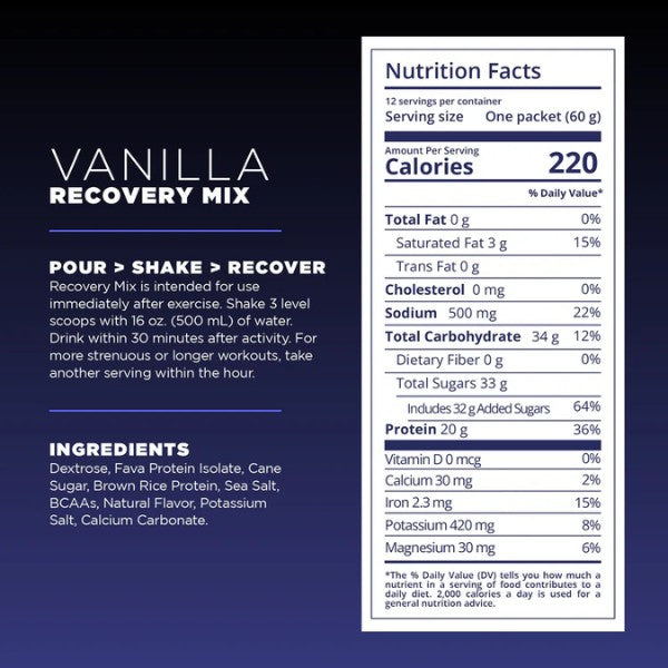 Nutrition label for Vanilla Recovery Mix on a dark background