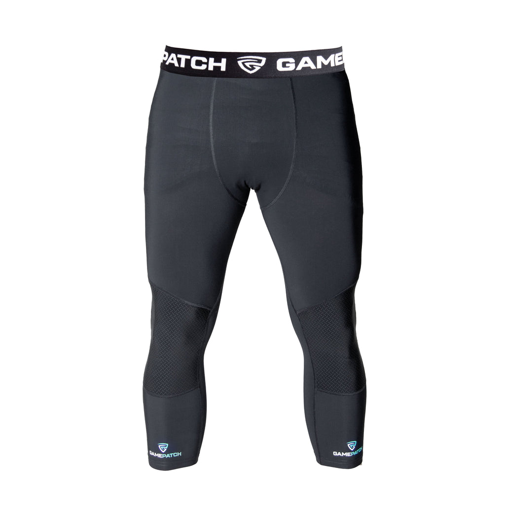 Black compression leggings with visible branding on a white background