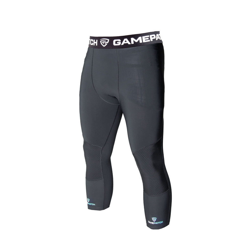 Black compression pants with visible branding on a white background