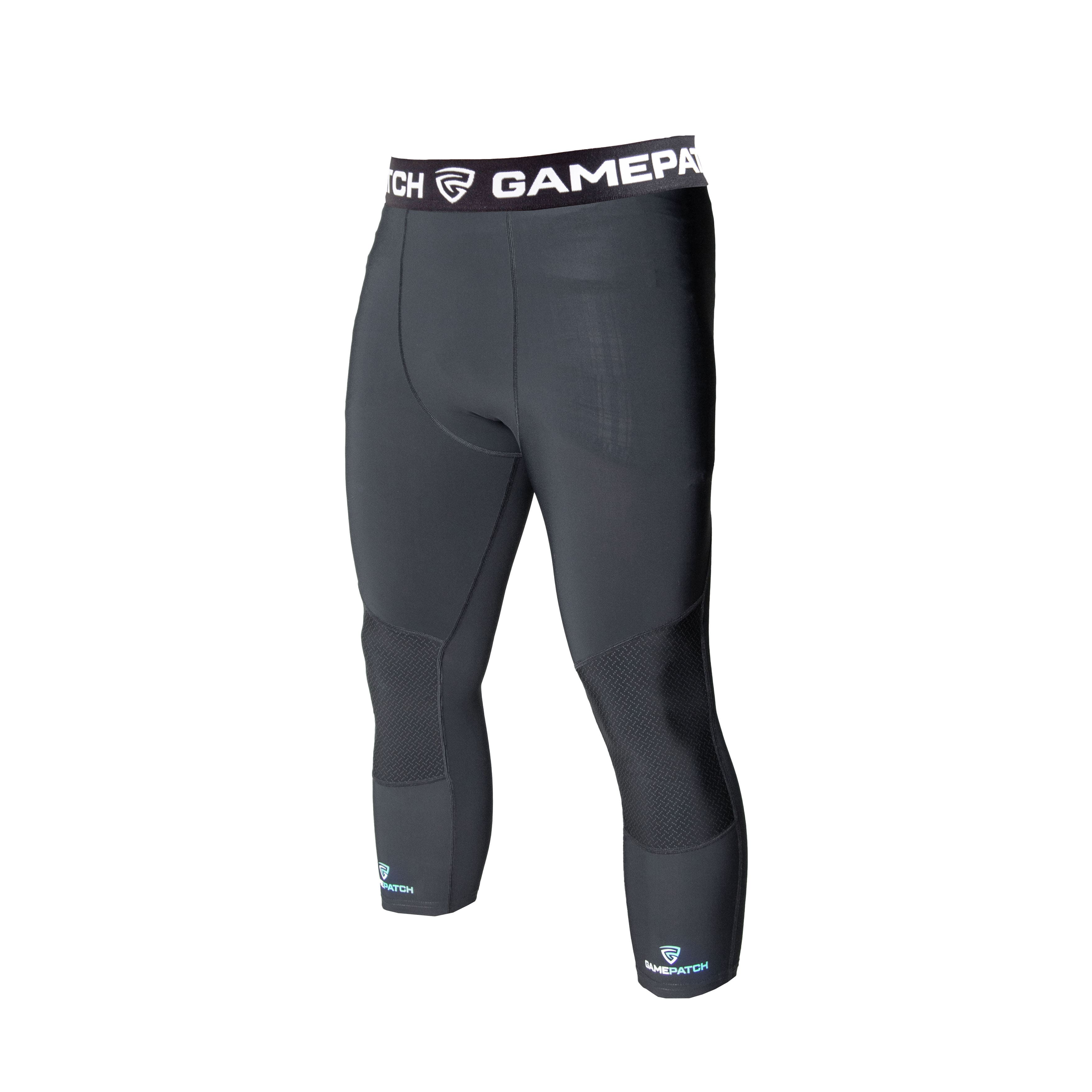 Black compression pants with visible branding on a white background