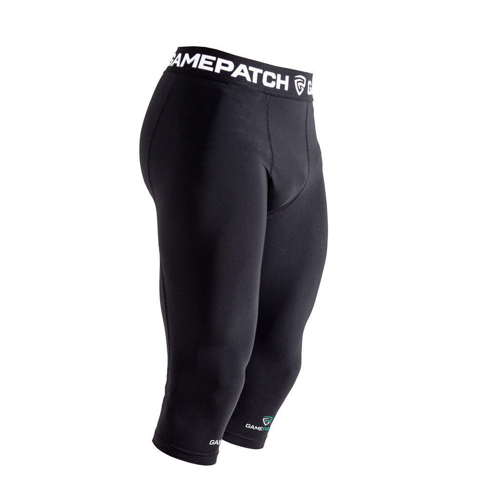 Black compression shorts with a visible brand logo on a white background