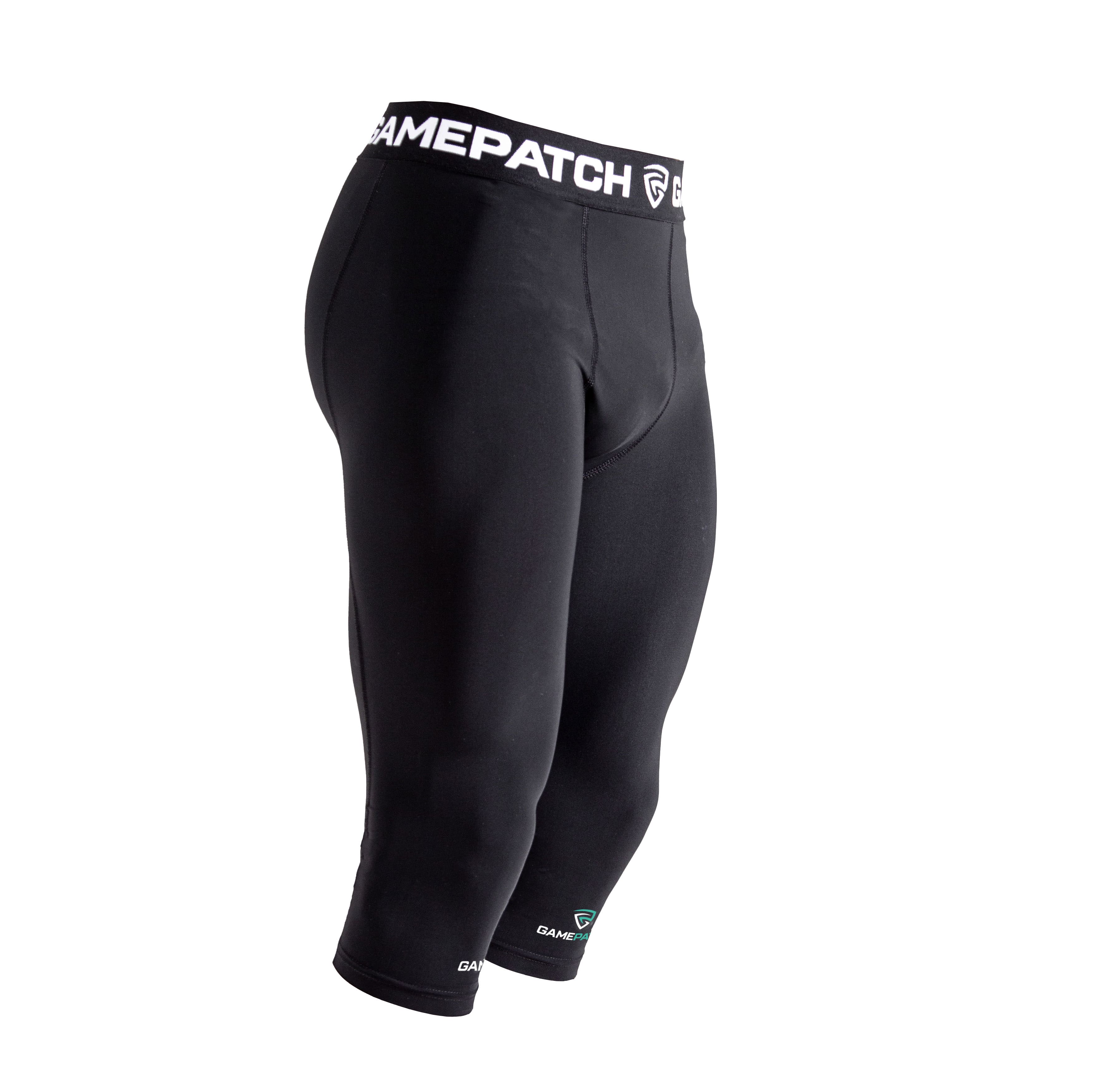Black compression shorts with a visible brand logo on a white background