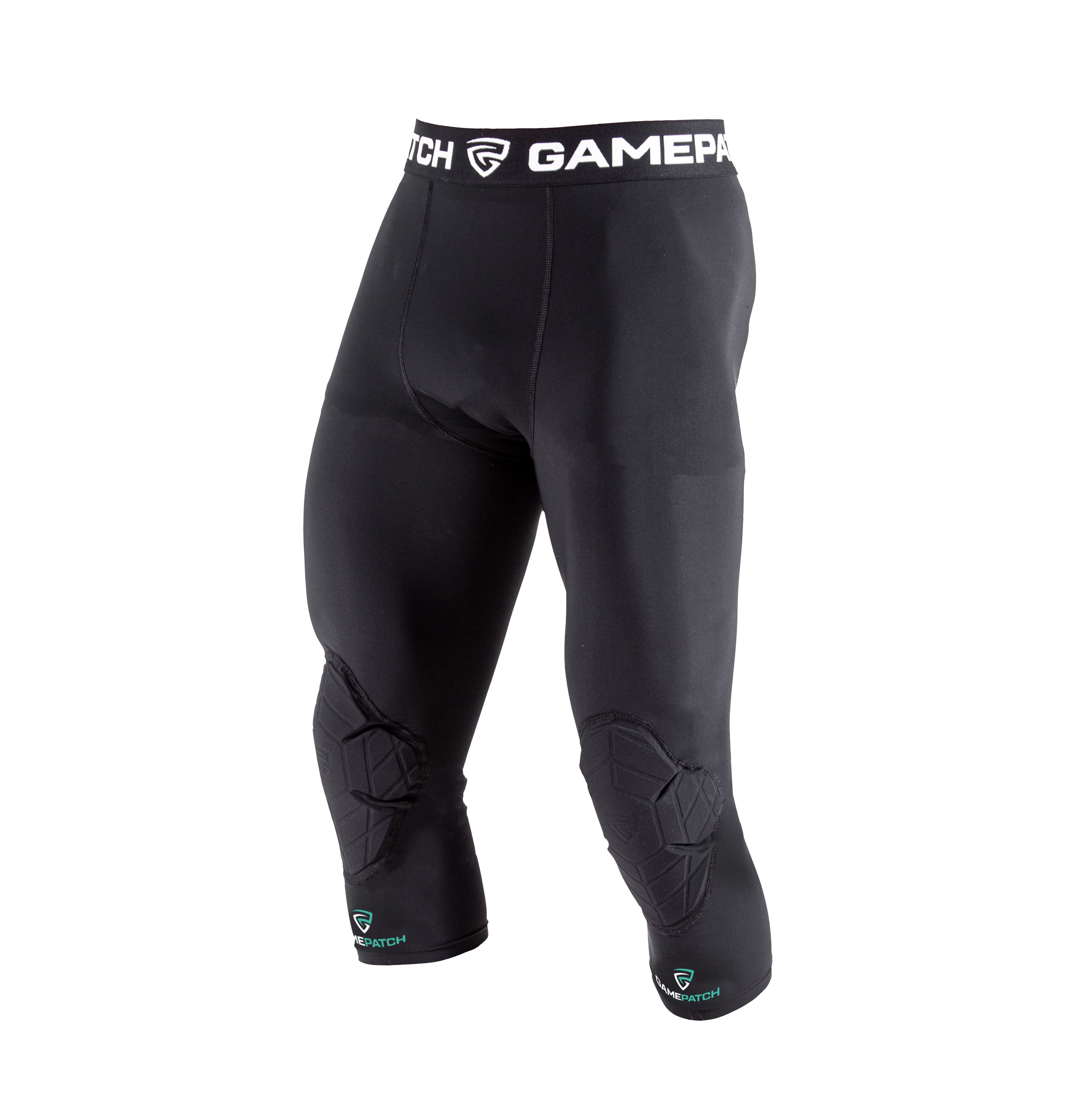 Black compression leggings with brand logo on a white background