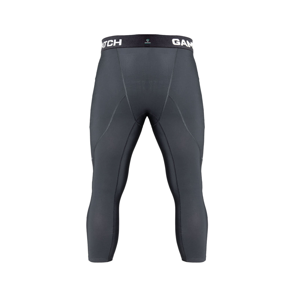 Gray compression pants with a black waistband on a white background