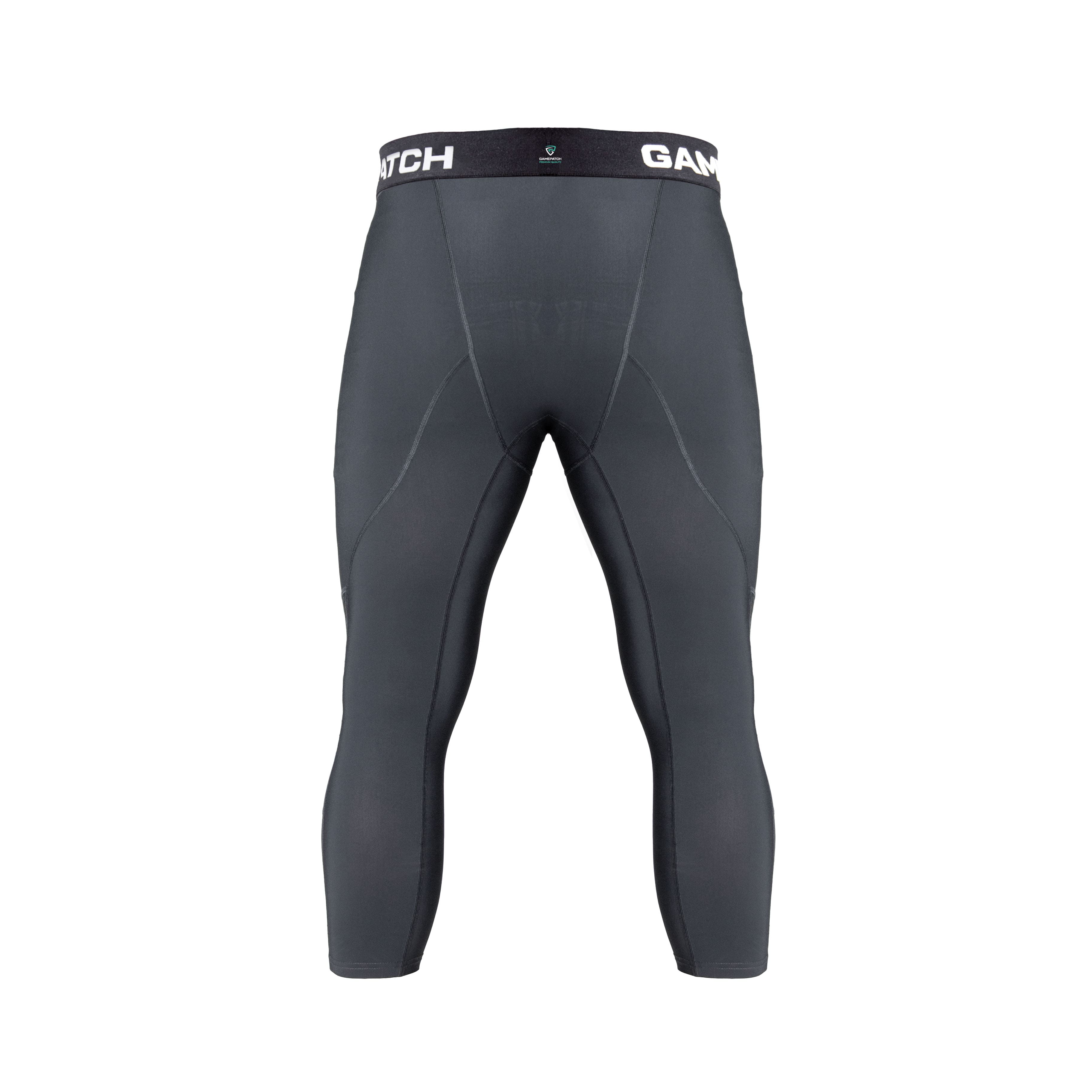 Gray compression pants with a black waistband on a white background