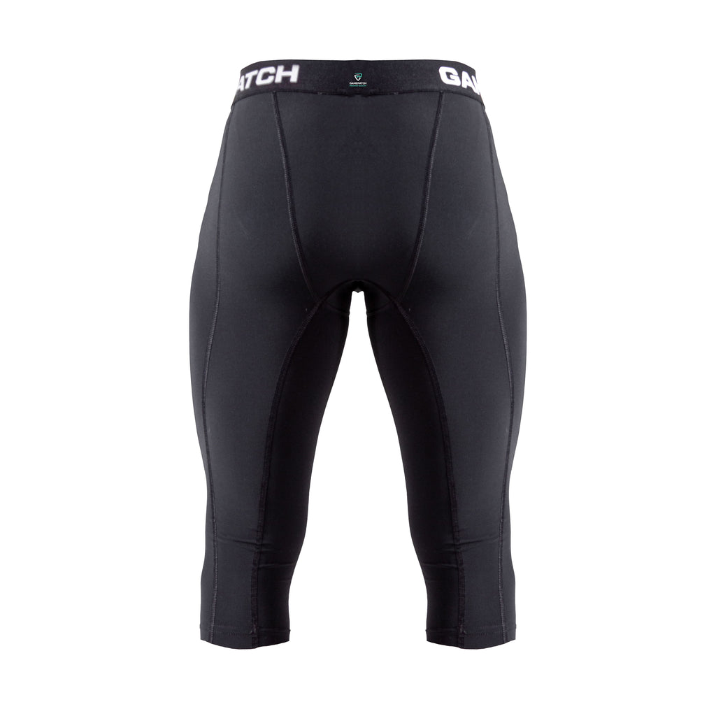Black compression shorts with a brand logo on a white background