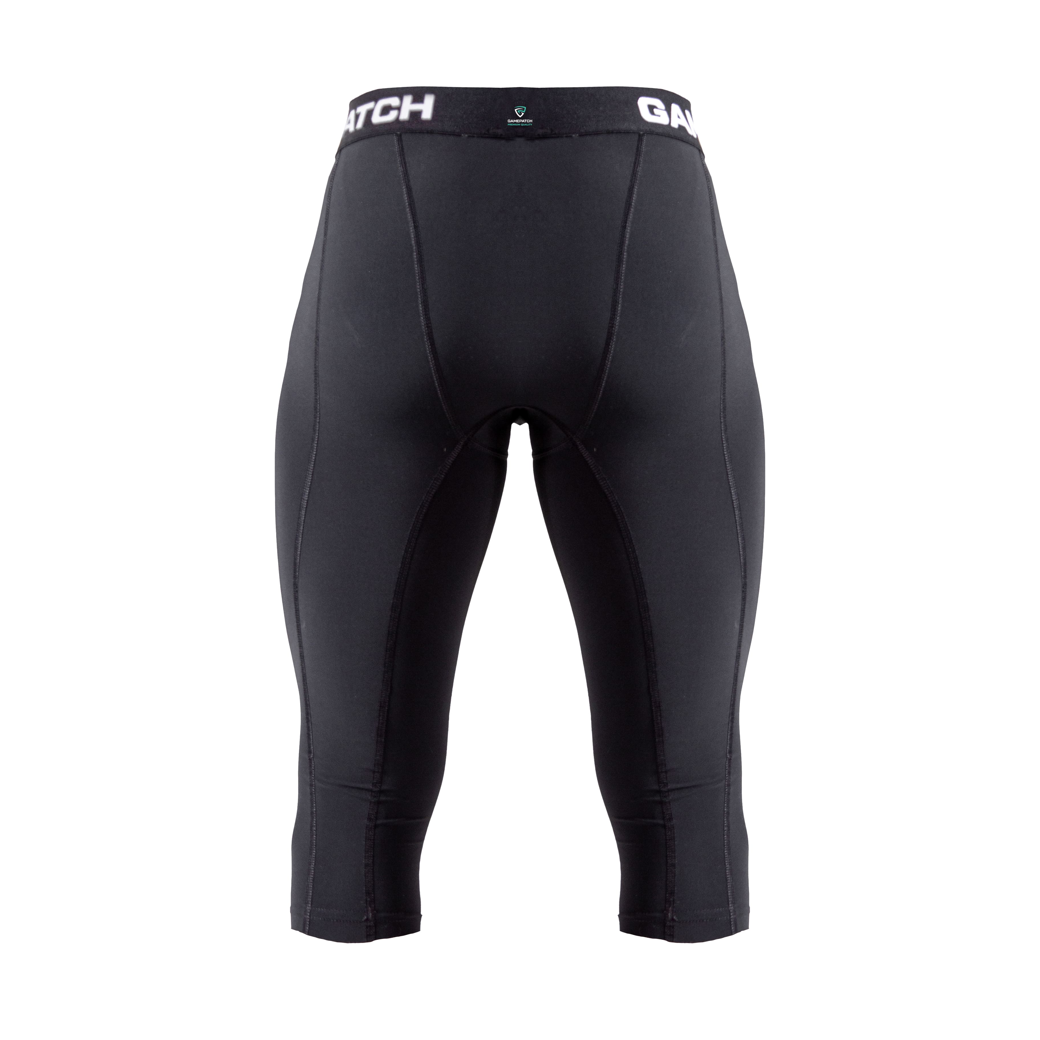 Black compression shorts with a brand logo on a white background