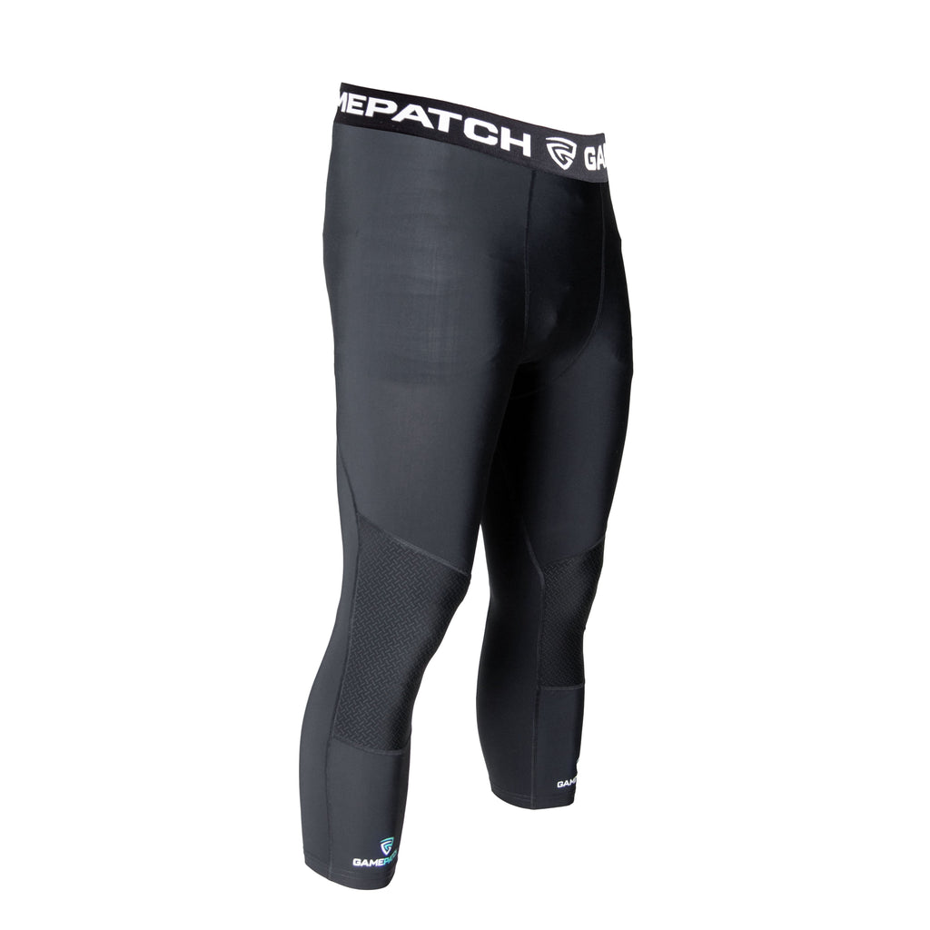 Black compression leggings with visible branding on a white background