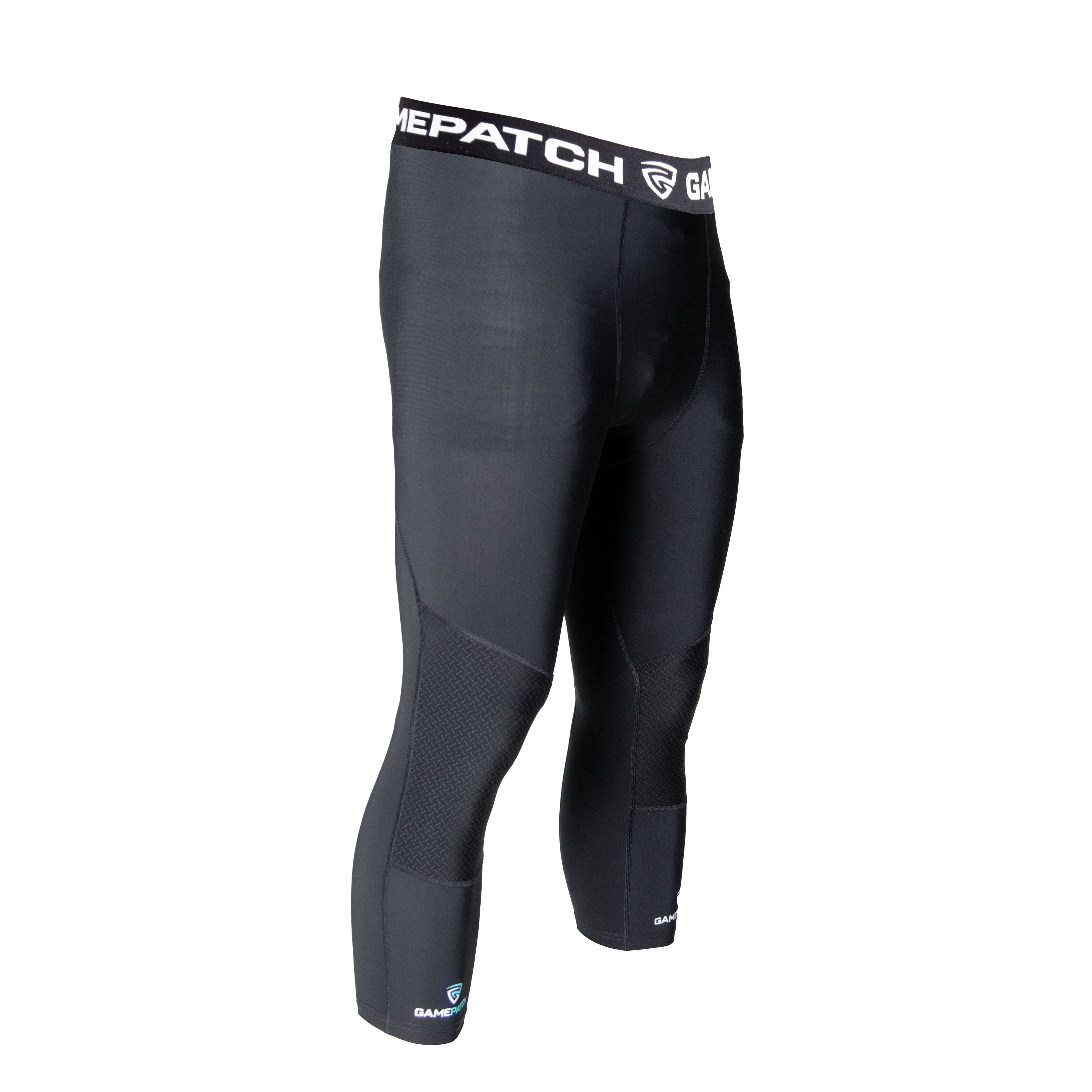 Black compression leggings with visible branding on a white background