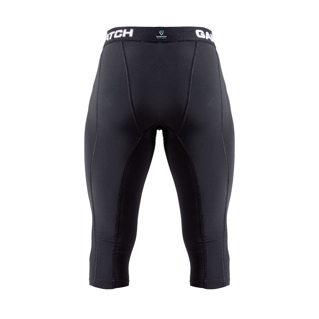 Black compression shorts with a brand logo on a white background
