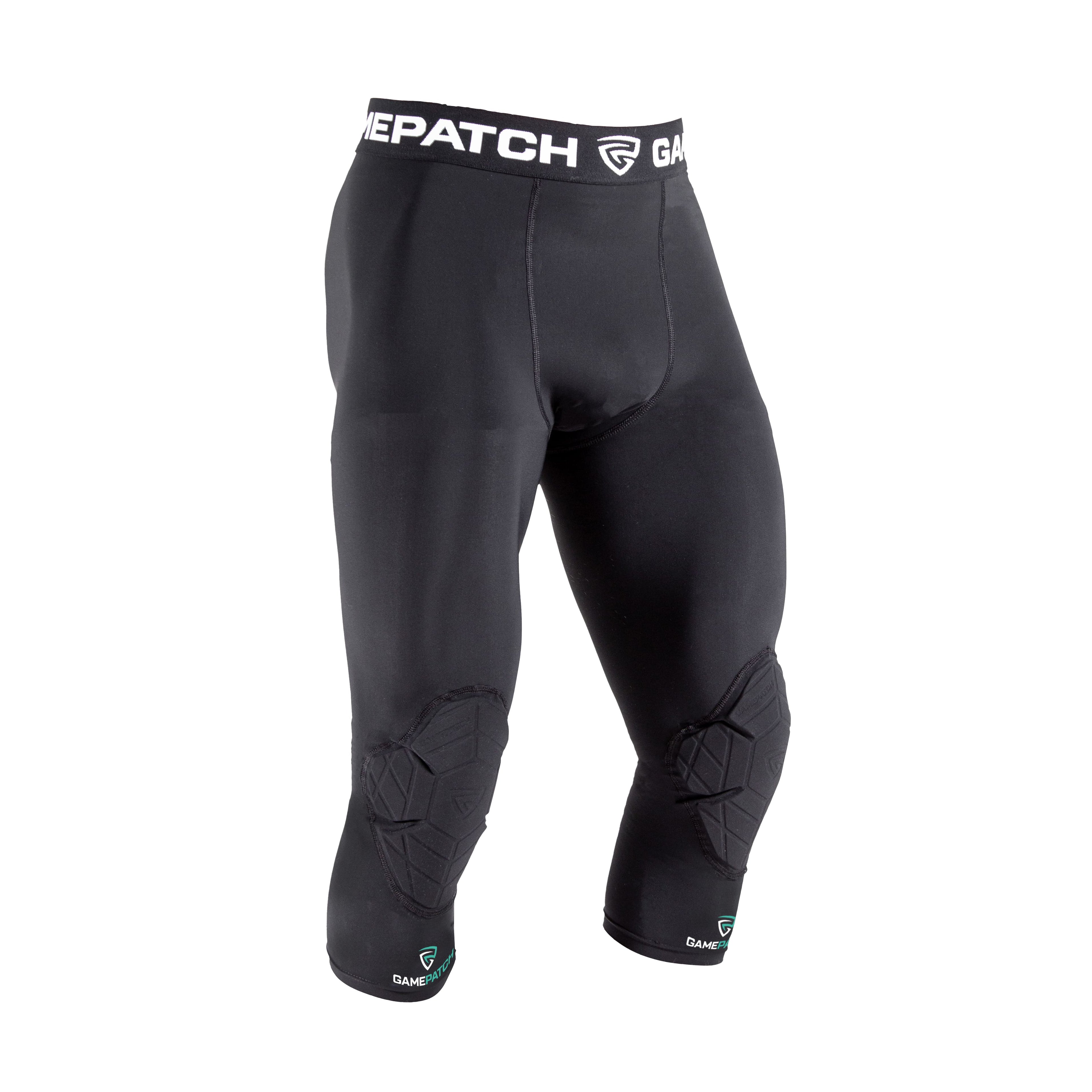Black compression pants with brand logo on a white background