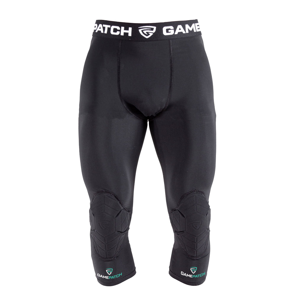 Black compression pants with knee pads on a white background