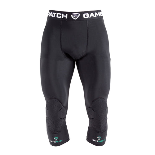 Black compression pants with knee pads on a white background