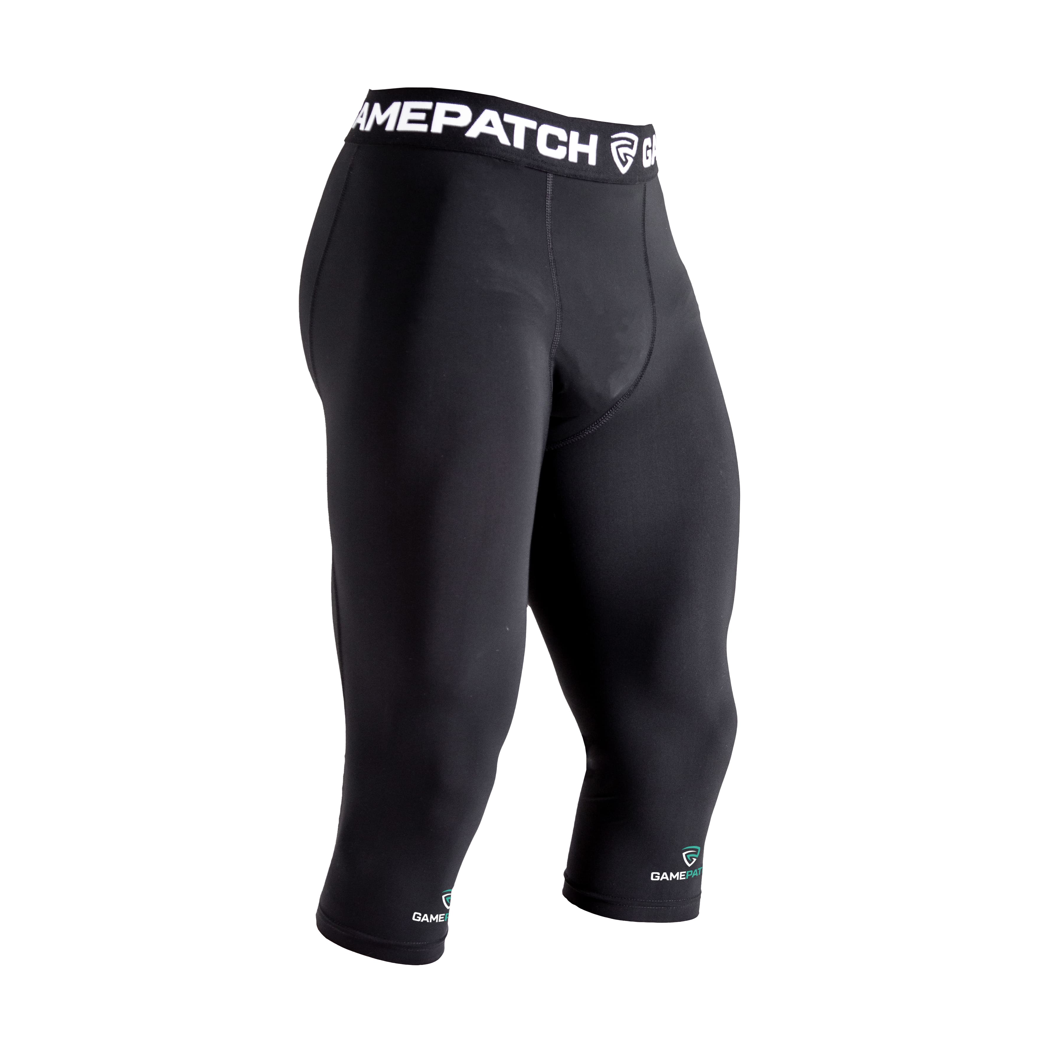 Black compression shorts with Gamepatch logo on a white background
