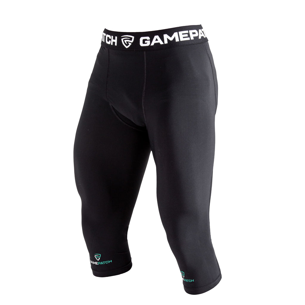 Black athletic leggings with 'GamePatch' branding on a white background