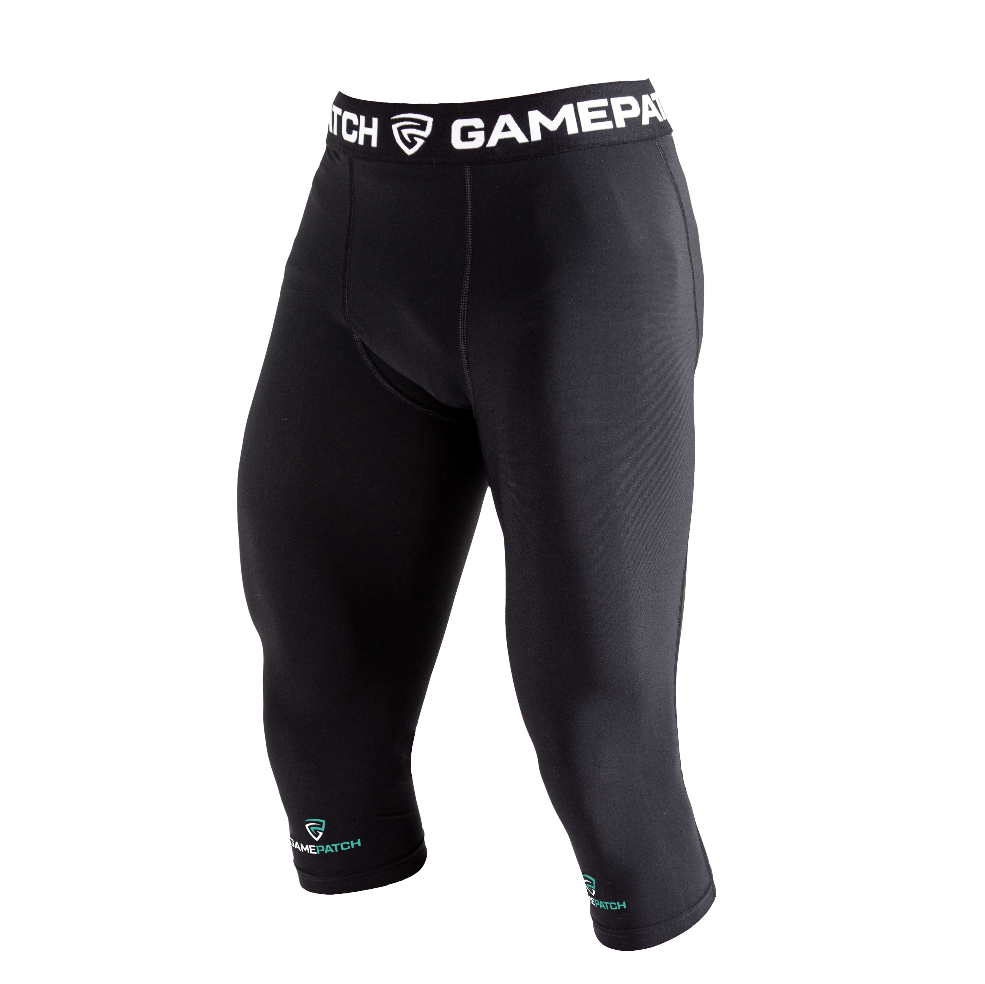 Black athletic leggings with 'GamePatch' branding on a white background
