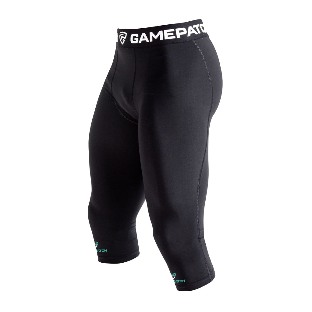 Black compression shorts with 'GamePatch' waistband on a white background
