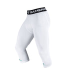 White compression shorts with a black waistband featuring 'GamePlan' branding on a white background.