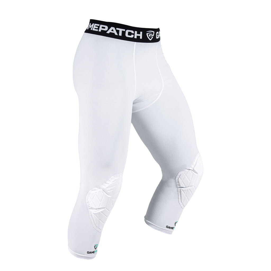 White compression leggings with a black waistband featuring 'GAMEPATCH' branding on a white background.
