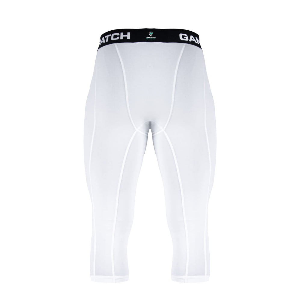 White compression leggings with a black waistband on a white background