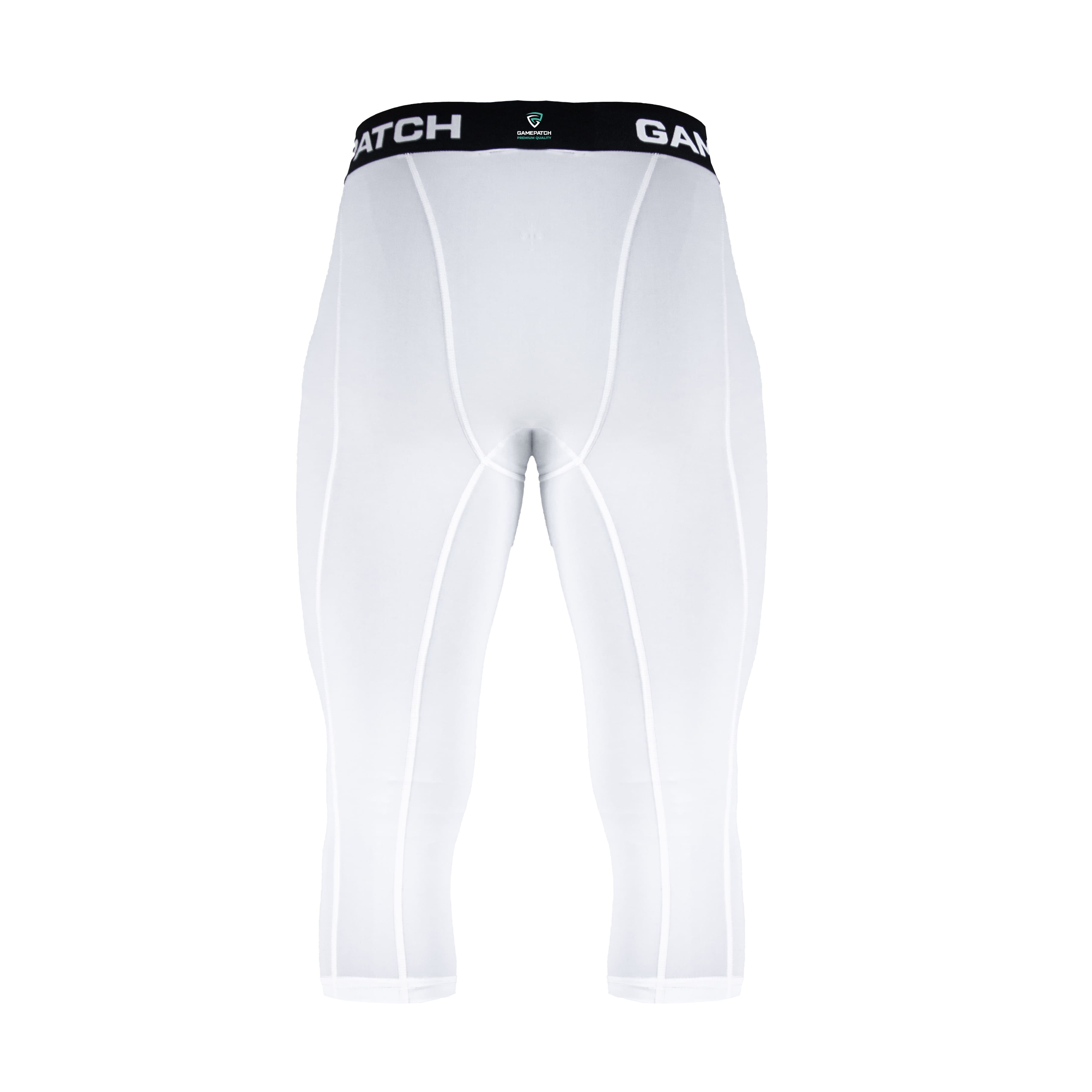 White compression leggings with a black waistband on a white background